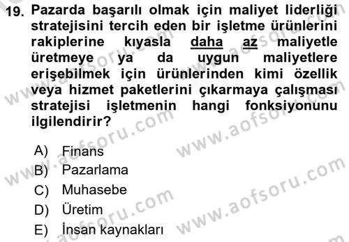 Stratejik Yönetim Dersi 2023 - 2024 Yılı Yaz Okulu Sınav Soruları 19. Soru