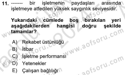 Stratejik Yönetim Dersi 2024 - 2025 Yılı (Vize) Ara Sınav Soruları 11. Soru