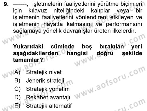 Stratejik Yönetim Dersi 2024 - 2025 Yılı (Vize) Ara Sınav Soruları 9. Soru