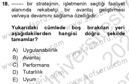 Stratejik Yönetim Dersi 2024 - 2025 Yılı (Final) Dönem Sonu Sınav Soruları 18. Soru