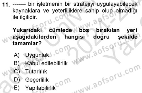 Stratejik Yönetim Dersi 2024 - 2025 Yılı Yaz Okulu Sınav Soruları 11. Soru