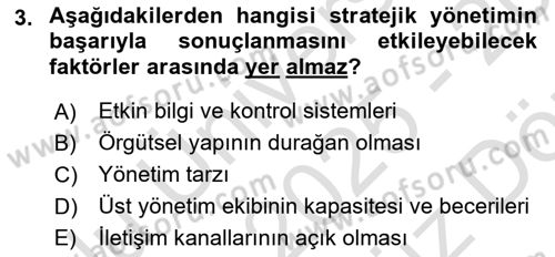 Stratejik Yönetim Dersi 2025 - 2026 Yılı (Vize) Ara Sınav Soruları 3. Soru