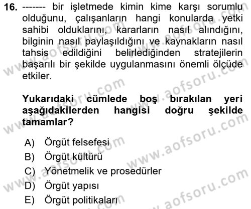 Stratejik Yönetim Dersi 2025 - 2026 Yılı (Final) Dönem Sonu Sınav Soruları 16. Soru