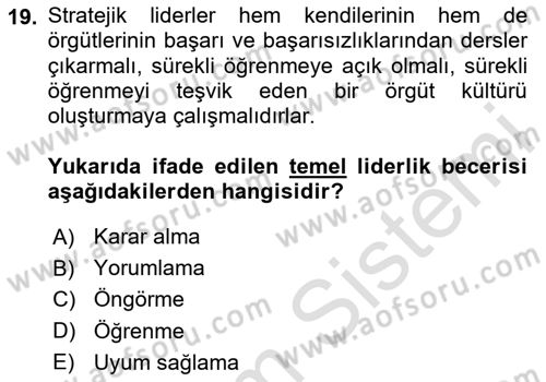 Stratejik Yönetim Dersi 2025 - 2026 Yılı (Final) Dönem Sonu Sınav Soruları 19. Soru