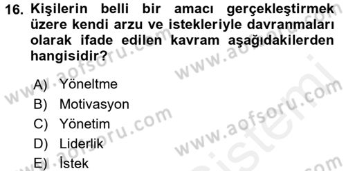 Yönetim ve Organizasyon Dersi 2017 - 2018 Yılı 3 Ders Sınav Soruları 16. Soru