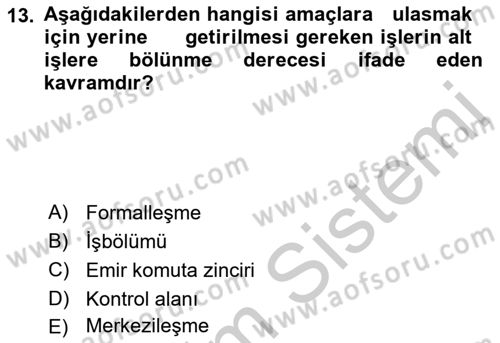 Yönetim ve Organizasyon Dersi 2018 - 2019 Yılı Yaz Okulu Sınavı 13. Soru