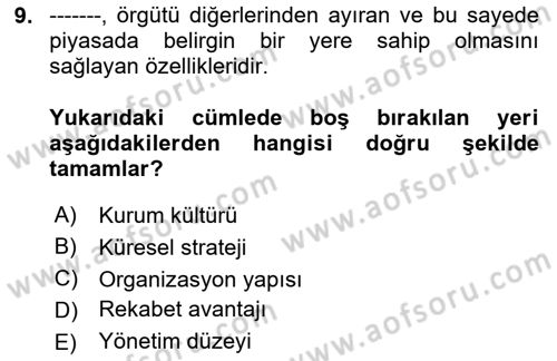 Yönetim ve Organizasyon Dersi 2023 - 2024 Yılı (Final) Dönem Sonu Sınav Soruları 9. Soru