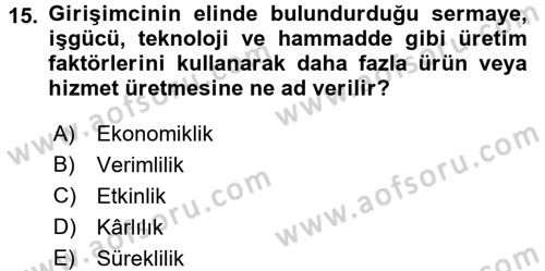 İşletme İlkeleri Dersi 2015 - 2016 Yılı Tek Ders Sınavı 15. Soru