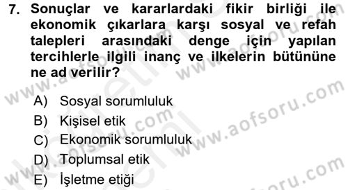 İşletme İlkeleri Dersi 2015 - 2016 Yılı Tek Ders Sınavı 7. Soru