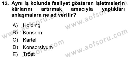 İşletme İlkeleri Dersi 2016 - 2017 Yılı 3 Ders Sınav Soruları 13. Soru