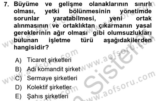 İşletme İlkeleri Dersi 2016 - 2017 Yılı 3 Ders Sınav Soruları 7. Soru