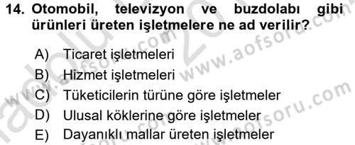 İşletme İlkeleri Dersi 2016 - 2017 Yılı (Vize) Ara Sınavı 14. Soru