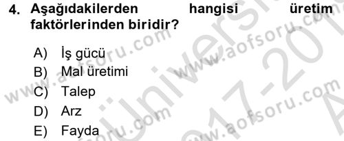İşletme İlkeleri Dersi 2017 - 2018 Yılı (Vize) Ara Sınav Soruları 4. Soru