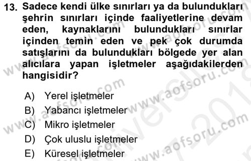 İşletme İlkeleri Dersi 2017 - 2018 Yılı (Final) Dönem Sonu Sınav Soruları 13. Soru