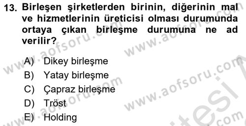 İşletme İlkeleri Dersi 2021 - 2022 Yılı Yaz Okulu Sınavı 13. Soru