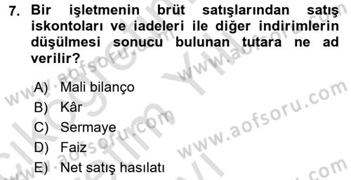 İşletme İlkeleri Dersi 2021 - 2022 Yılı Yaz Okulu Sınavı 7. Soru