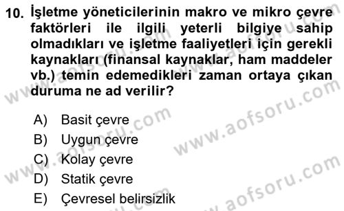 İşletme İlkeleri Dersi 2022 - 2023 Yılı (Vize) Ara Sınav Soruları 10. Soru