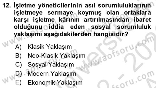 İşletme İlkeleri Dersi 2022 - 2023 Yılı (Vize) Ara Sınav Soruları 12. Soru