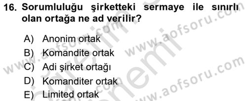 İşletme İlkeleri Dersi 2022 - 2023 Yılı (Vize) Ara Sınav Soruları 16. Soru