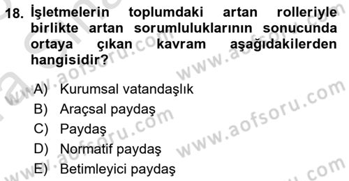 İşletme İlkeleri Dersi 2022 - 2023 Yılı (Vize) Ara Sınav Soruları 18. Soru