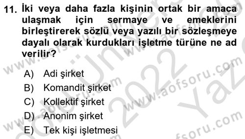 İşletme İlkeleri Dersi 2022 - 2023 Yılı Yaz Okulu Sınav Soruları 11. Soru