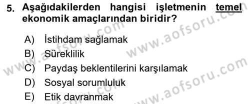 İşletme İlkeleri Dersi 2023 - 2024 Yılı (Vize) Ara Sınav Soruları 5. Soru