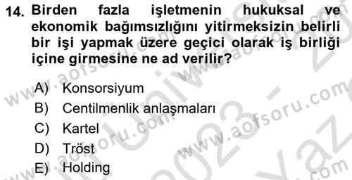 İşletme İlkeleri Dersi 2023 - 2024 Yılı Yaz Okulu Sınav Soruları 14. Soru