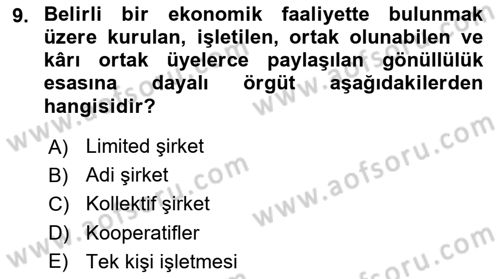 İşletme İlkeleri Dersi 2023 - 2024 Yılı Yaz Okulu Sınav Soruları 9. Soru