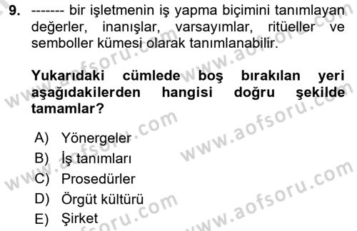 İşletme İlkeleri Dersi 2024 - 2025 Yılı (Vize) Ara Sınav Soruları 9. Soru