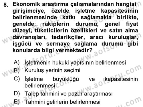 İşletme İlkeleri Dersi 2024 - 2025 Yılı (Final) Dönem Sonu Sınav Soruları 8. Soru