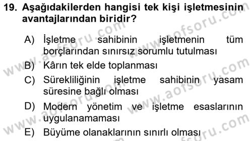 İşletme İlkeleri Dersi 2025 - 2026 Yılı (Vize) Ara Sınav Soruları 19. Soru