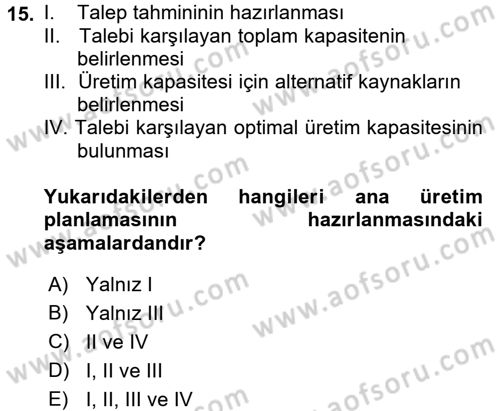 İşletme Fonksiyonları Dersi 2016 - 2017 Yılı (Vize) Ara Sınavı 15. Soru