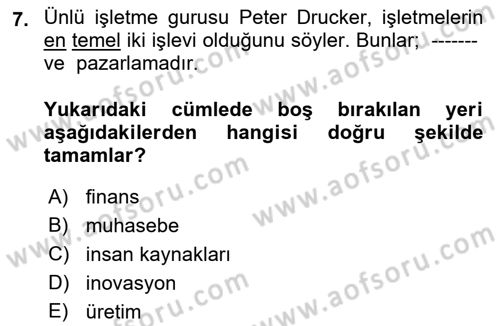 İşletme Fonksiyonları Dersi 2018 - 2019 Yılı (Vize) Ara Sınavı 7. Soru