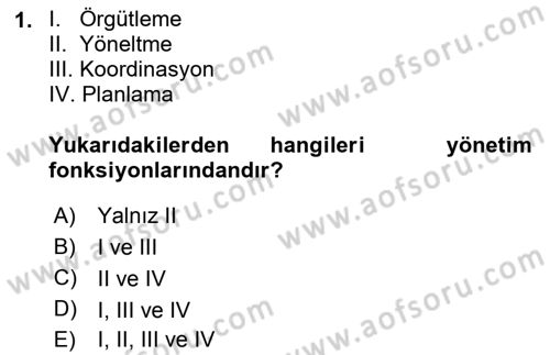 İşletme Fonksiyonları Dersi 2018 - 2019 Yılı Yaz Okulu Sınavı 1. Soru