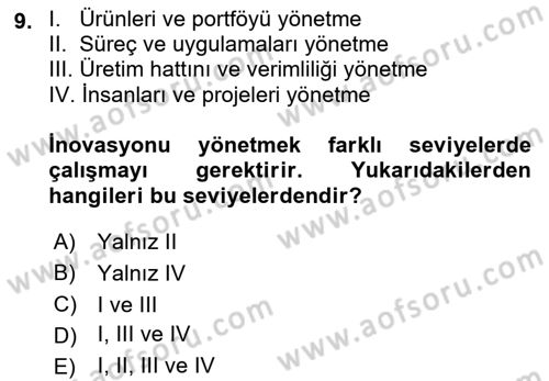 İşletme Fonksiyonları Dersi 2018 - 2019 Yılı Yaz Okulu Sınavı 9. Soru