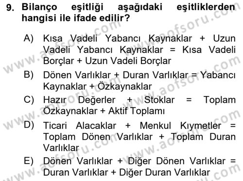 İşletme Fonksiyonları Dersi 2021 - 2022 Yılı (Final) Dönem Sonu Sınavı 9. Soru