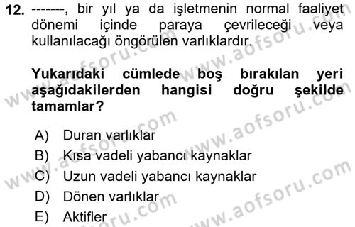İşletme Fonksiyonları Dersi 2024 - 2025 Yılı Yaz Okulu Sınav Soruları 12. Soru