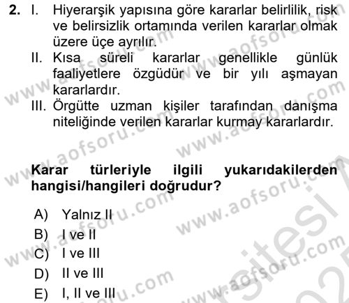 İşletme Fonksiyonları Dersi 2024 - 2025 Yılı Yaz Okulu Sınav Soruları 2. Soru