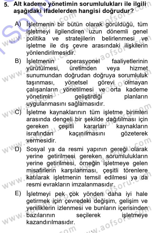 Genel İşletme Dersi 2015 - 2016 Yılı (Final) Dönem Sonu Sınav Soruları 5. Soru
