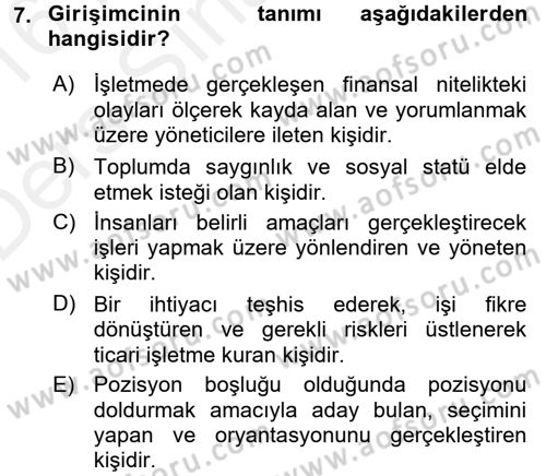 Genel İşletme Dersi 2015 - 2016 Yılı Tek Ders Sınav Soruları 7. Soru