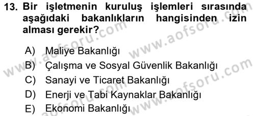 Genel İşletme Dersi Ara Sınavı Deneme Sınav Soruları 13. Soru
