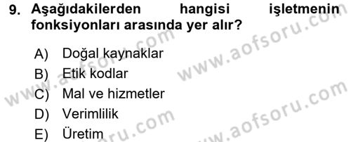 Genel İşletme Dersi Ara Sınavı Deneme Sınav Soruları 9. Soru