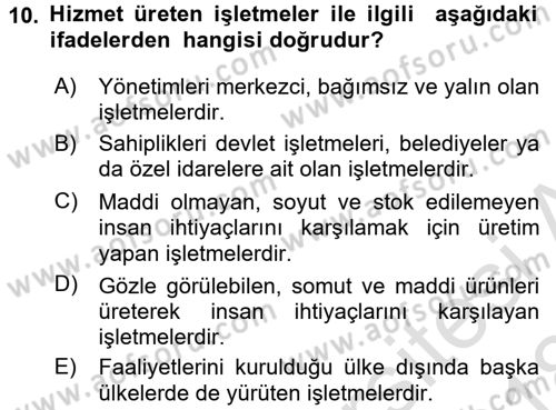 Genel İşletme Dersi Ara Sınavı Deneme Sınav Soruları 10. Soru