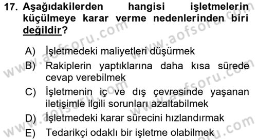 Genel İşletme Dersi Ara Sınavı Deneme Sınav Soruları 17. Soru