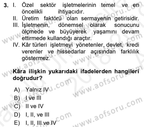 Genel İşletme Dersi Ara Sınavı Deneme Sınav Soruları 3. Soru