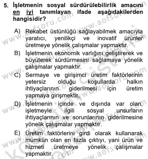 Genel İşletme Dersi Ara Sınavı Deneme Sınav Soruları 5. Soru