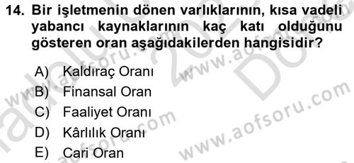 Genel İşletme Dersi 2023 - 2024 Yılı (Final) Dönem Sonu Sınavı 14. Soru