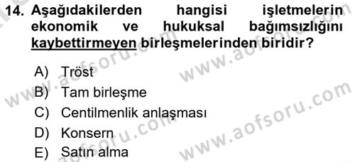 Genel İşletme Dersi Ara Sınavı Deneme Sınav Soruları 14. Soru