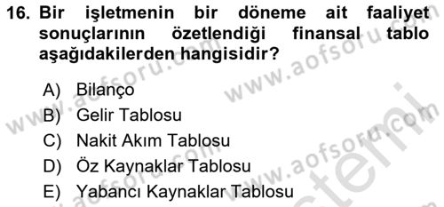 Genel İşletme Dersi 2025 - 2026 Yılı (Final) Dönem Sonu Sınav Soruları 16. Soru