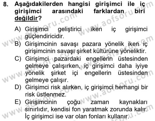 Girişimcilik Dersi 2012 - 2013 Yılı (Vize) Ara Sınav Soruları 8. Soru